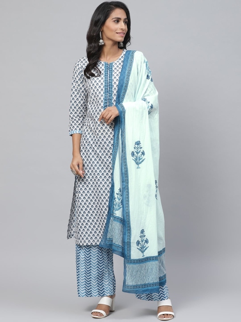 

Biba Women White & Blue Printed Kurta with Palazzos & Dupatta