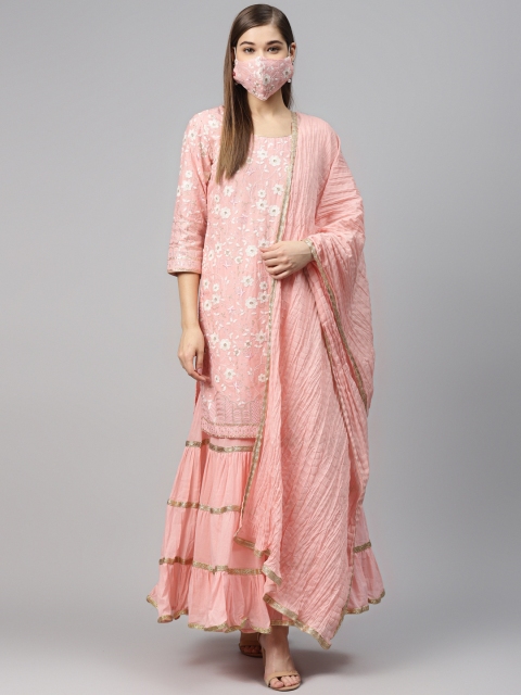 

Biba Women Pink & Golden Embroidered Kurta with Sharara & Dupatta