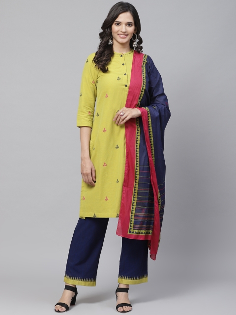 

Biba Women Lime Green & Navy Blue Embroidered Kurta with Palazzos & Dupatta