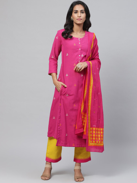

Biba Women Magenta Pink & Yellow Woven Design Kurta with Trousers & Dupatta