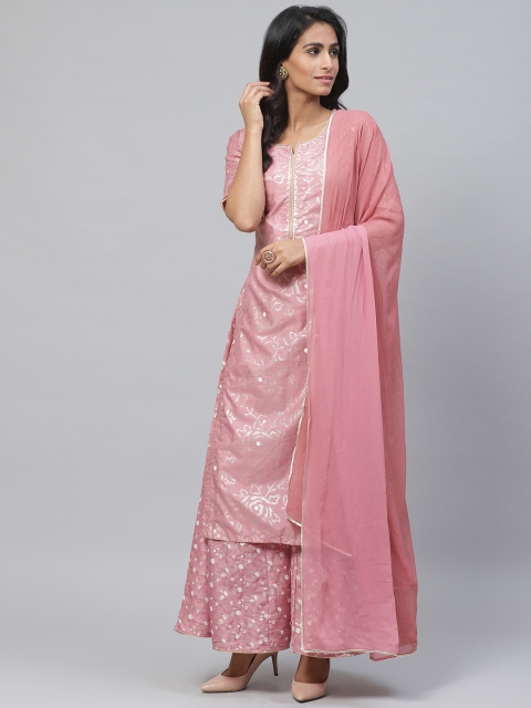 

Biba Women Pink & White Printed Kurta with Palazzos & Dupatta