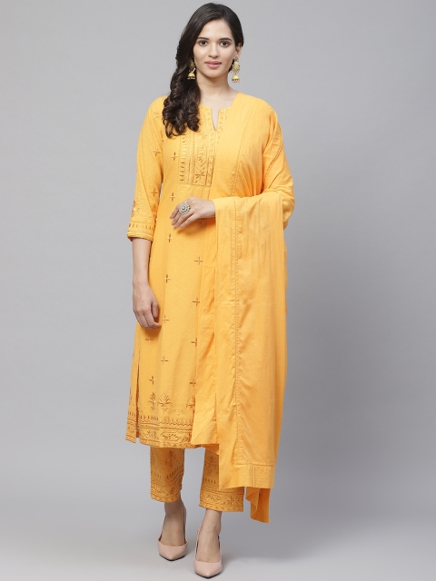 

Biba Women Mustard Yellow Embroidered Kurta with Trousers & Dupatta