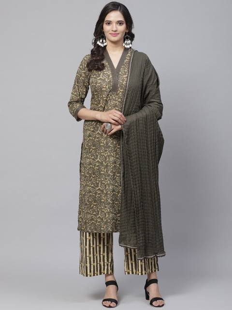 

Biba Women Olive Green & Brown Printed Kurta with Palazzos & Dupatta