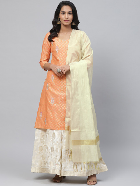 

Biba Women Orange & Off-White Self Design Kurta with Palazzos & Dupatta