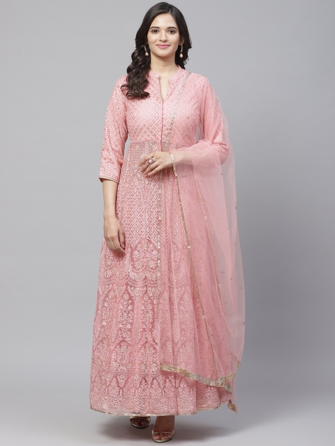 

Biba Women Pink & Golden Embroidered Anarkali Kurta with Skirt & Dupatta