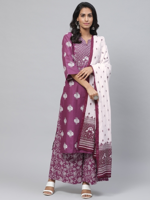 

Biba Women Purple & White Printed Kurta with Palazzos & Dupatta