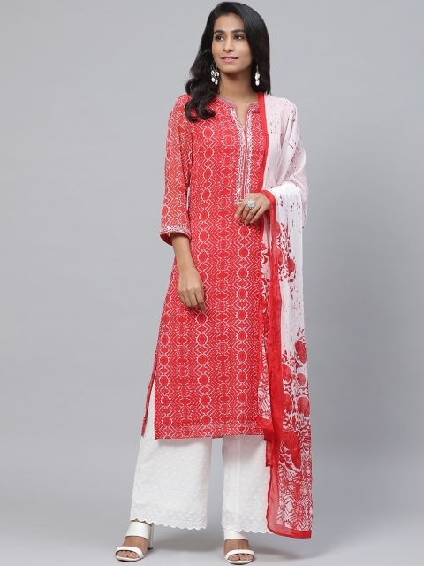 

Biba Women Red & White Printed Kurta with Palazzos & Dupatta