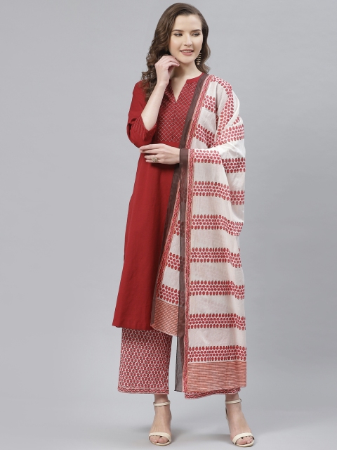 

Biba Women Maroon & White Woven Yoke Design Kurta with Palazzos & Dupatta