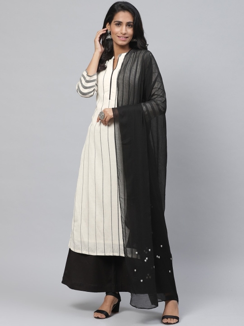 

Biba Women Off-White & Black Striped Kurta with Palazzos & Dupatta