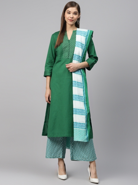 

Biba Women Green & Blue Yoke Design Kurta with Palazzos & Dupatta