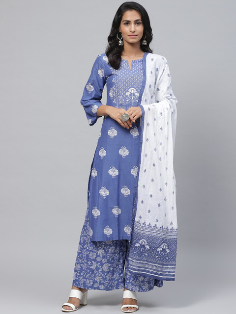 

Biba Women Blue & White Printed Kurta with Palazzos & Dupatta
