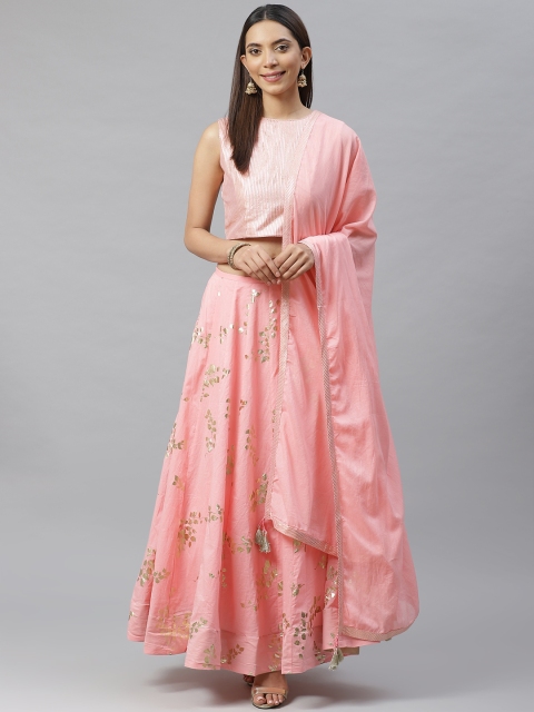 

Biba Pink & Golden Foil Print Ready to Wear Lehenga & Blouse with Dupatta