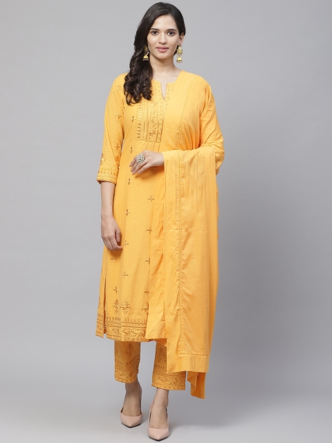 

Biba Women Mustard Yellow Embroidered Kurta with Trousers & Dupatta