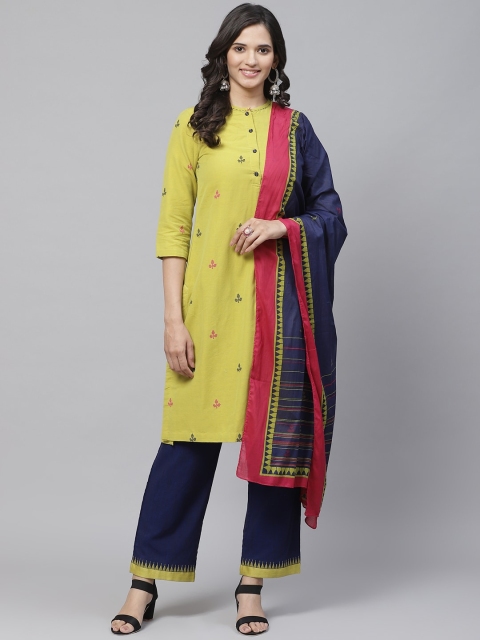 

Biba Women Lime Green & Navy Blue Embroidered Kurta with Palazzos & Dupatta