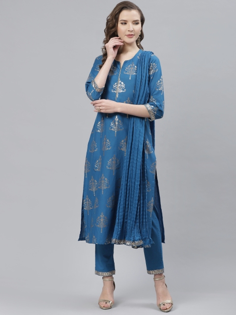 

Biba Women Blue & Golden Printed Kurta with Trousers & Crinkled Dupatta