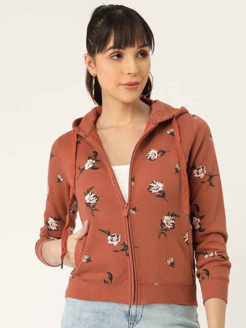 

Madame Women Rust Brown & Pink Printed Hooded Sweatshirt