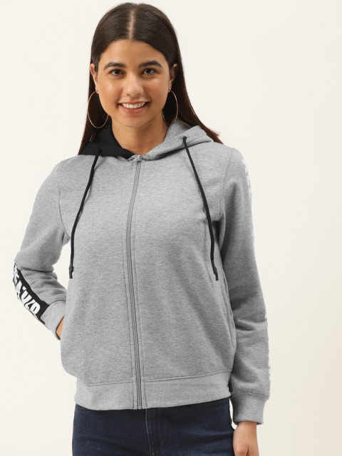 

Madame Women Grey Melange Solid Hooded Sweatshirt