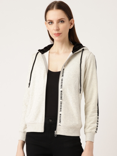 

Madame Women Off-White Solid Hooded Sweatshirt