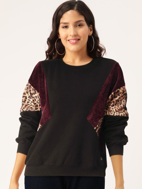 

Madame Women Black & Burgundy Animal Printed Detail Colourblocked Sweatshirt