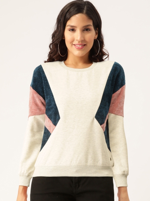 

Madame Women White & Teal Blue Colourblocked Sweatshirt