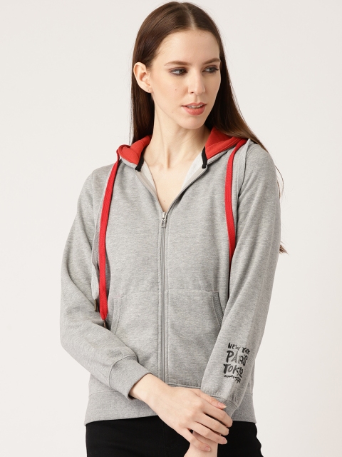 

Madame Women Grey Melange Solid Hooded Sweatshirt
