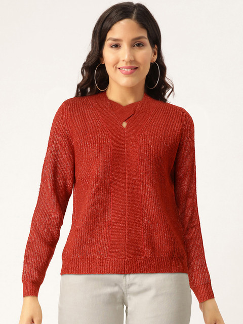 

Madame Women Red Ribbed Pullover Sweater