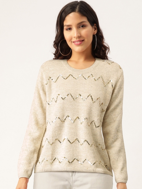 

Madame Women Beige & Golden Chevron Sequinned Pullover
