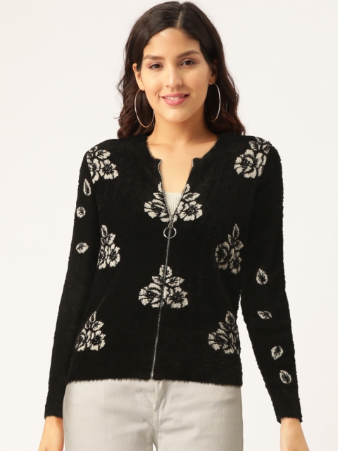 

Madame Women Black & Cream-Coloured Fuzzy Floral Self Design Pullover