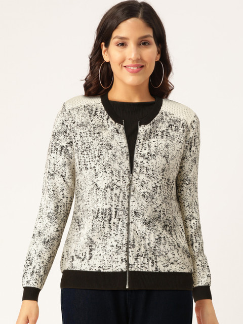 

Madame Women White & Black Self Design Cardigan Sweater
