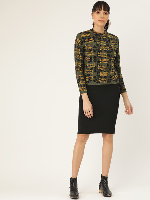 

Madame Women Black Solid Jumper Dress with Self Design Pullover