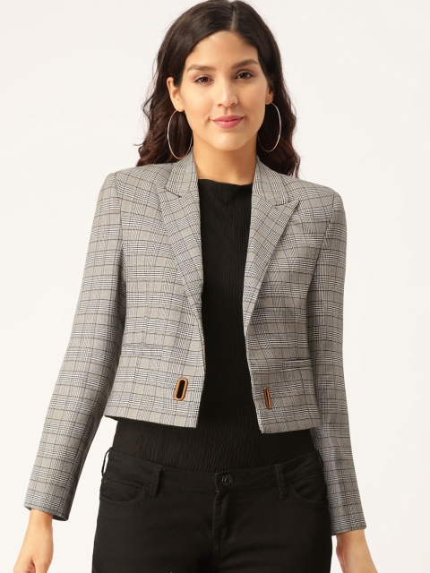 

Madame Women Black & White Checked Crop Open-Front Blazer