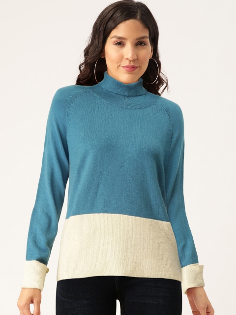 

Madame Women Blue & Off-White Colourblocked Pullover Sweater