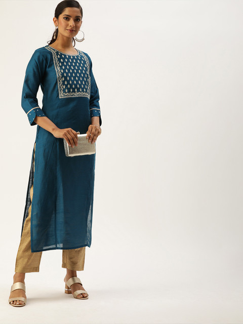 

Varanga Women Teal Blue Yoke Design Straight Kurta