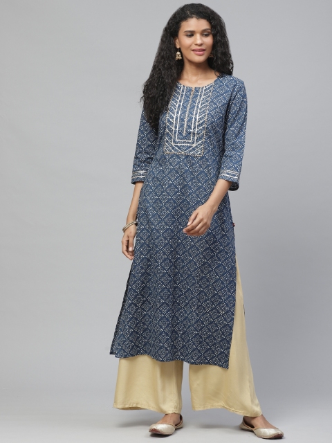 

KSUT Women Navy Blue & White Printed Straight Kurta