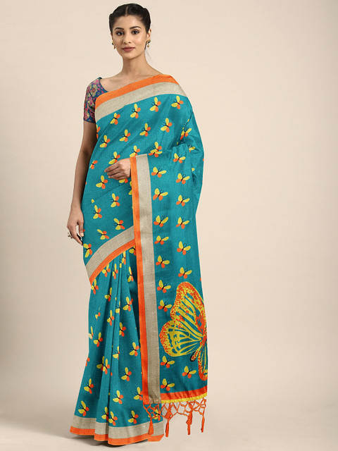 

Mitera Turquoise Blue & Orange Art Silk Printed Khadi Saree