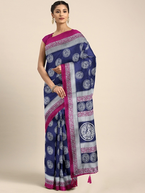 

KALINI Navy Blue & White Art Silk Printed Saree