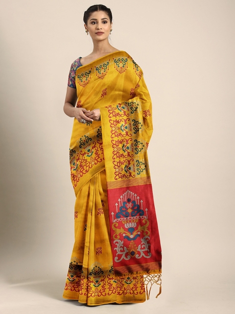 

KALINI Mustard & Maroon Art Silk Printed Mysore Silk Saree