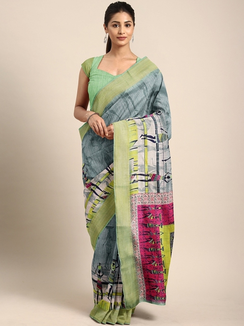 

KALINI Grey & Green Cotton Blend Warli Printed Saree