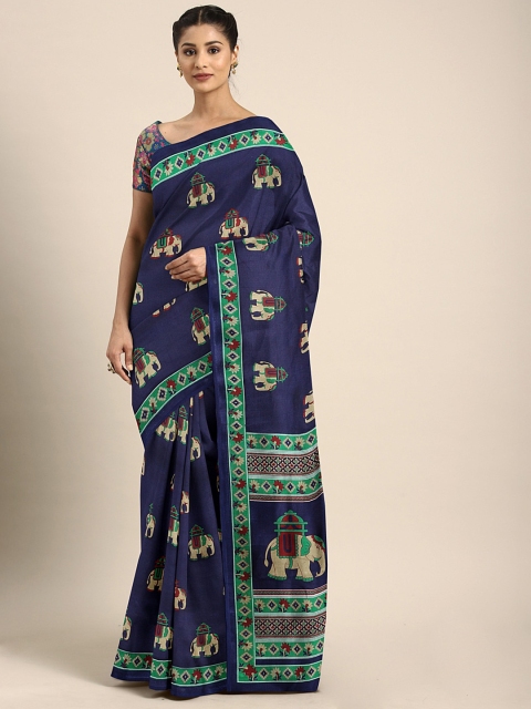 

KALINI Navy Blue & Sea Green Art Silk Printed Mysore Silk Saree