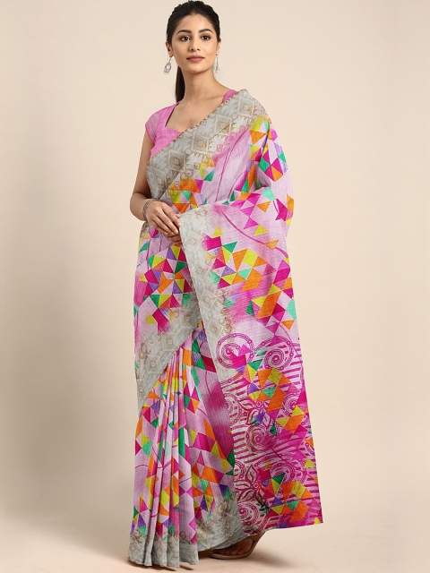 

KALINI Pink & Grey Cotton Blend Floral Printed Saree