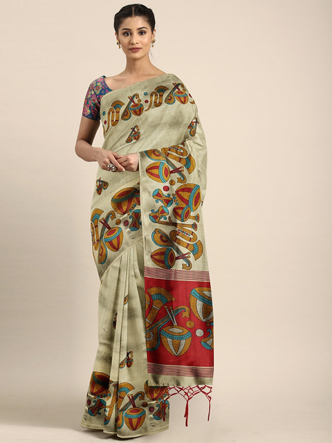 

KALINI Beige & Maroon Art Silk Printed Saree