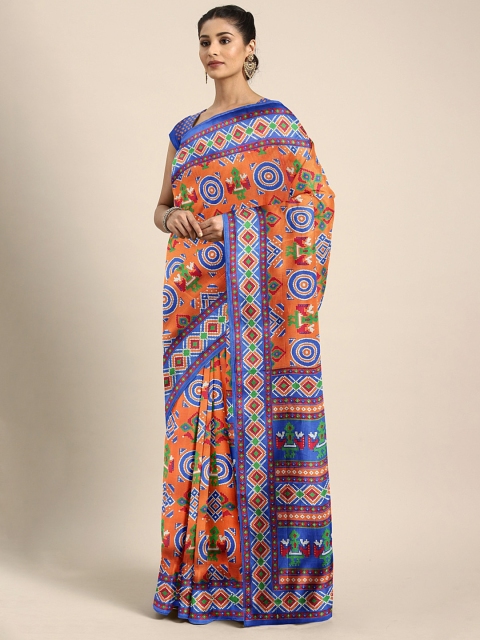 

KALINI Orange & Blue Art Silk Printed Mysore Silk Saree