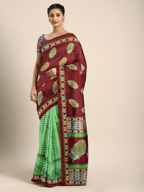 

KALINI Maroon & Green Art Silk Printed Mysore Silk Half & Half Saree