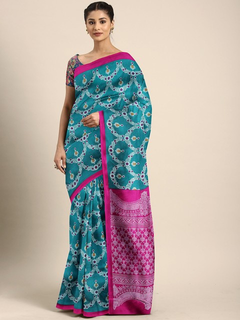 

KALINI Turquoise Blue & White Art Silk Printed Mysore Silk Saree