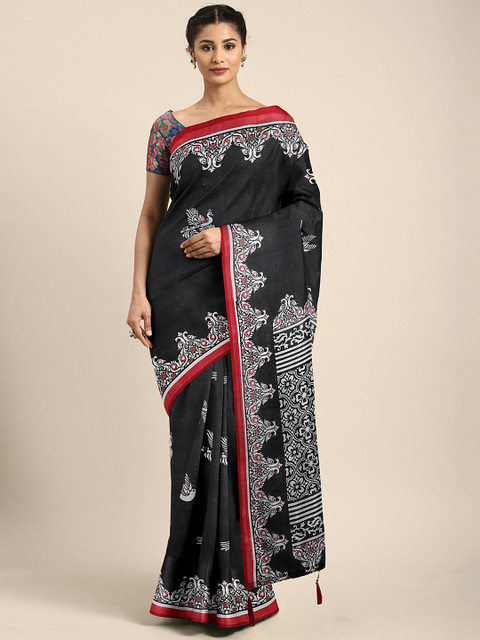 

KALINI Black & White Art Silk Printed Mysore Silk Saree