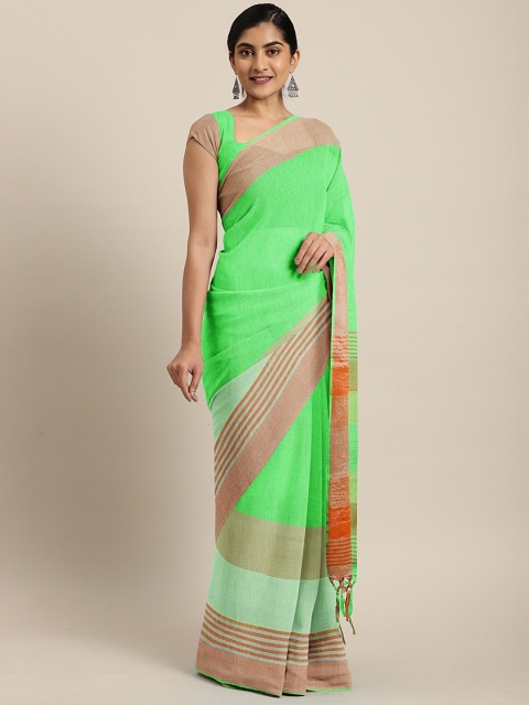 

KALINI Green & Beige Linen Blend Solid Saree