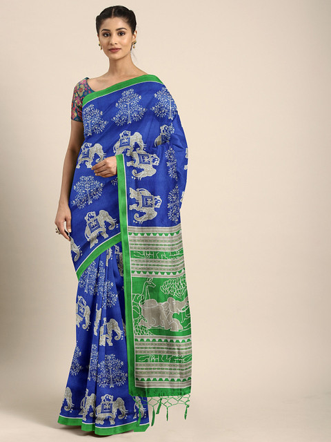 

KALINI Blue & Grey Art Silk Printed Mysore Silk Saree