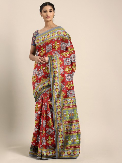 

KALINI Red & Green Art Silk Printed Mysore Silk Saree