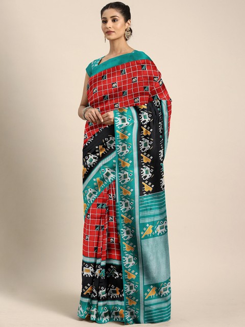 

KALINI Red & Turquoise Blue Art Silk Printed Mysore Silk Saree