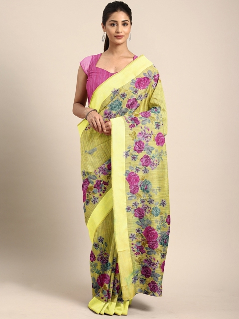 

KALINI Yellow & Pink Cotton Blend Floral Printed Saree